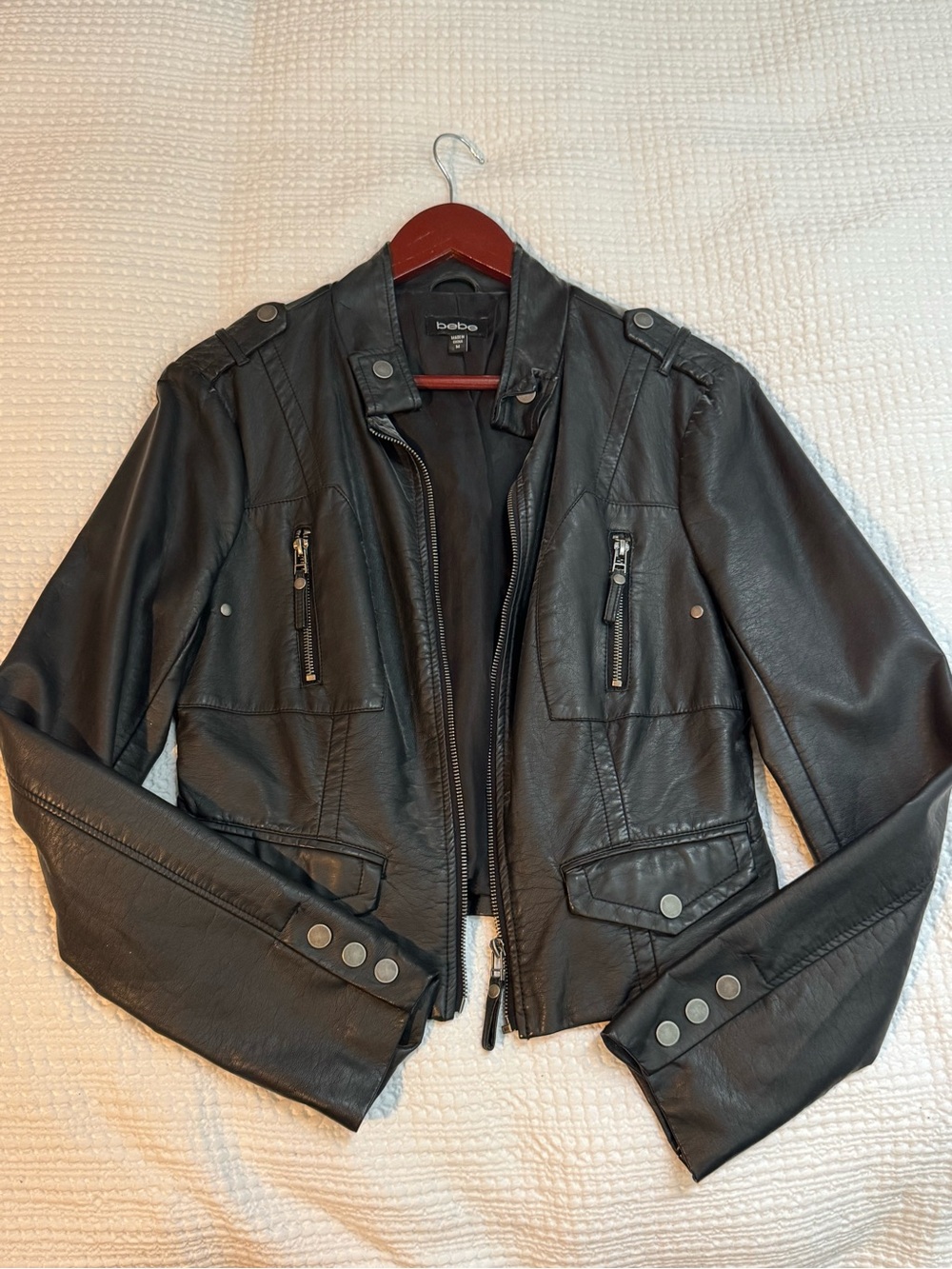 bebe Black Faux Leather Moto Jacket with Snap & Zip Details